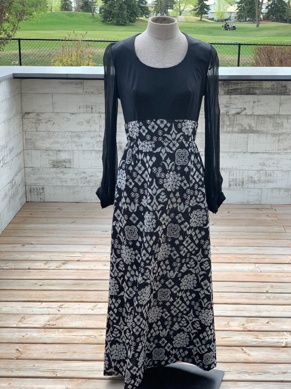 Vintage 70s Maxi Dress Black Sheer Long Sleeve Metallic Silver Retro Modest 60s